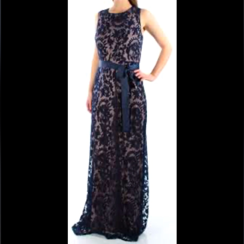 Adrianna Papell Long Lace Gown Navy Mother of bride Dress With sash Belt 12 - Picture 4 of 16